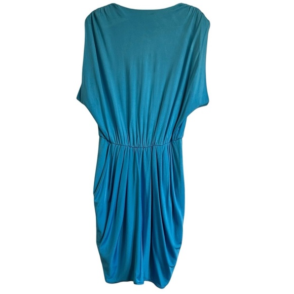 NWT BLACK HALO JILL WRAP STYLE RUCHED AQUA BLUE MINI DRESS SIZE LARGE - Picture 4 of 13